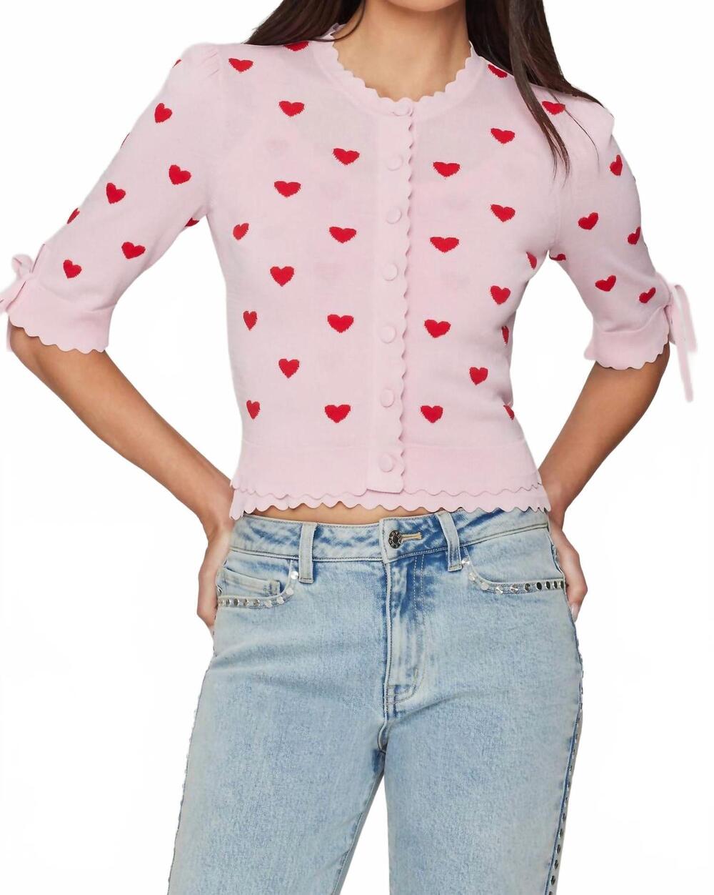 NEW GENERATION LOVE tess hearts intarsia cardigan in pink/red